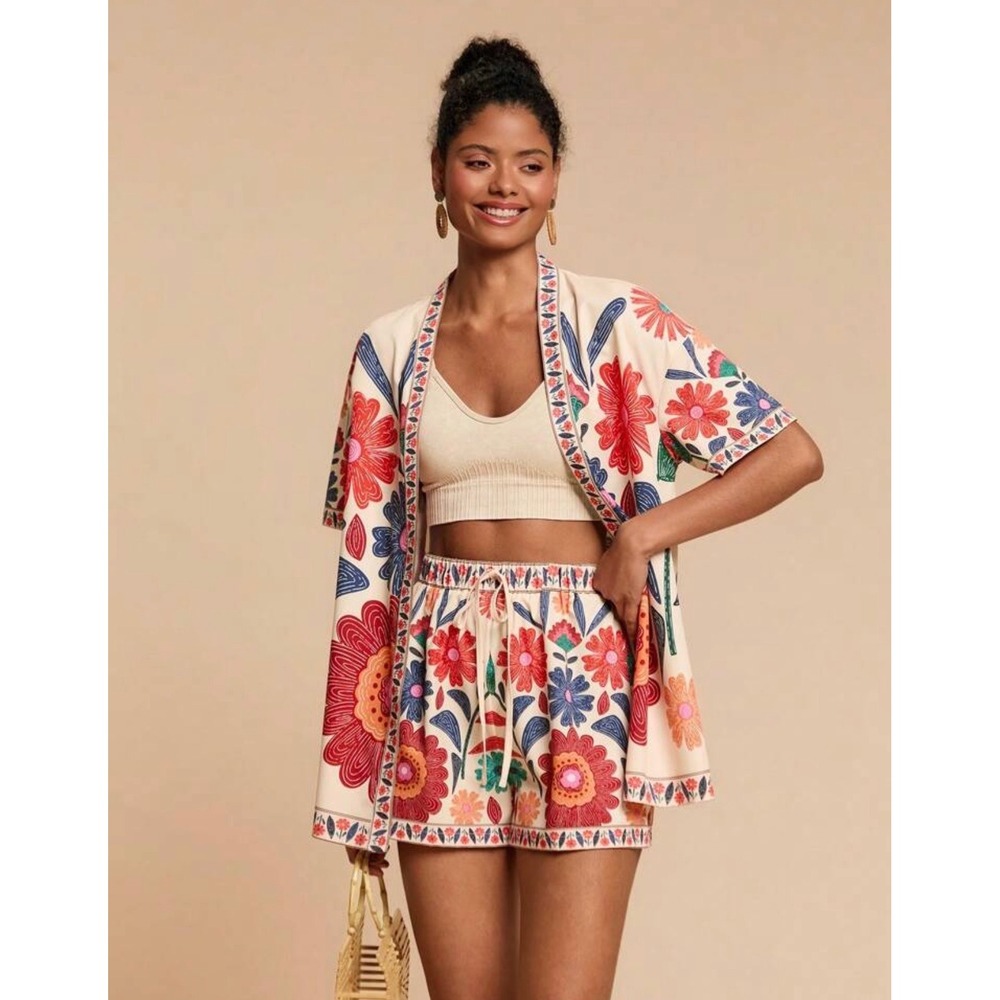 Boho Floral Kimono and Shorts Two Piece Set Cream Multi Large